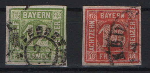 Bayern, 1862, Mi.- Nrn.: 12 + 13, gestempelte Qualitätsstücke, je geprüft / signiert! Selten!