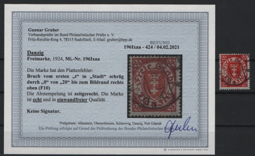 Danzig, 1924, Mi.- Nr.: 196 Xaa PF I, gestempelt, Befund Gruber BPP: e+e! Luxusstück! Selten!