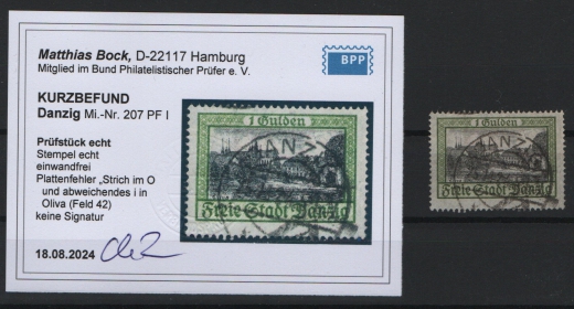 Danzig, 1924, Mi.- Nr.: 207 PF I, gestempelt, akt.  K.- Befund Bock BPP: e+e! Luxusstück! Selten!