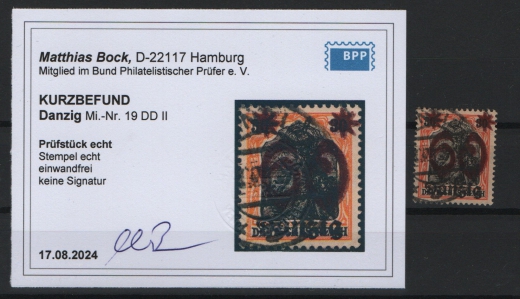 Danzig, 1920, Mi.- Nr.: 19 DD II, gestempelt, akt. K.- Befund Bock BPP: e+e! Luxusstück! Selten!