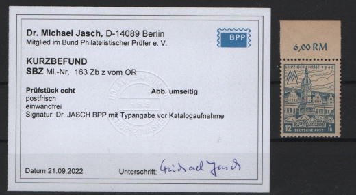 SBZ, West- Sachsen, 1946, Mi.- Nrn.: 163 Zb z vom OR , **, akt. K.- Befund Dr. Jasch BPP: e + e! Luxusstück! RR!