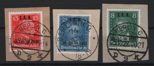 DR / Weimar, 1927, Mi.- Nrn.: 407- 409, o, je auf kl. Briefstück, je mit Tagesstempel! Luxussatz! Selten!