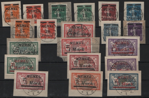 Memelgebiet, 1922, Mi.- Nrn.: 52- 71, je auf kl. Briefstücken, selten!