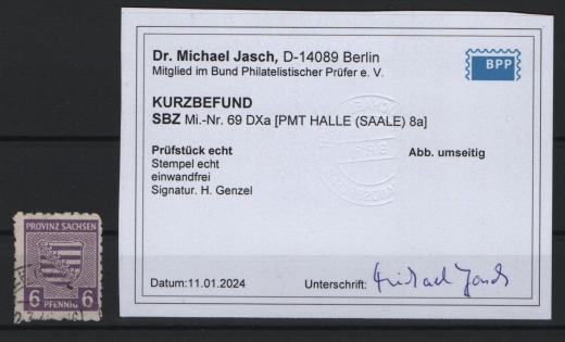 SBZ, Provinz Sachsen, 1945, Mi.- Nr.: 69 DXa, gestempelt, aktueller K.- Befund Dr. Jasch BPP: echt und einwandfrei! Luxusstück