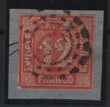 Bayern, 1858, Mi.- Nr.: 6, gestempelt auf kl. Briefstück! Qualitätsstück! Selten!