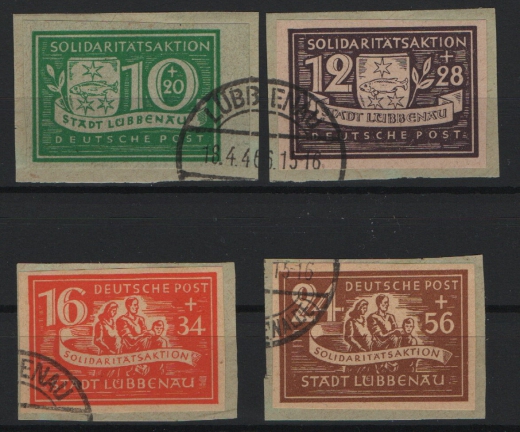 D. - OST, Lokalausgaben, Lübbenau, 1946, Mi.- Nrn.: 9 B- 12 B, je gestempelt, auf kl. Briefstück! Selten!