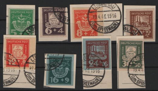 D. - OST, Lokalausgaben, Lübbenau, 1946, Mi.- Nrn.: 1 B- 8 B, je gestempelt, auf kl. Briefstück! Selten!