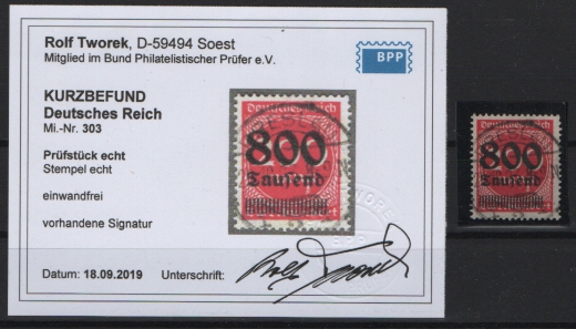 DR, Infla, 1923, Mi.- Nr.: 303, gestempelt, K.- Befund Tworek BPP: e+e! Luxusstück!
