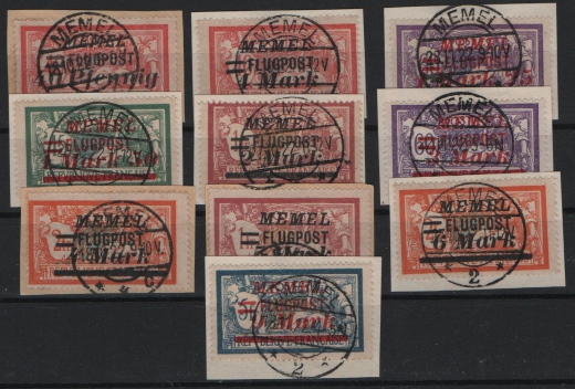 Memelgebiet, 1922, Mi.- Nrn.: 98- 107, Flugpostausgabe, je auf kl. Briefstücken, selten!