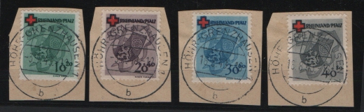 FRZ, Rheinland- Pfalz, 1949, Mi.- Nrn.: 42 A - 45 A, einheitlich gestempelt, je auf kl. Briefstücken!