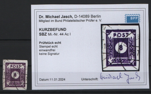SBZ, Ost- Sachsen, 1945, Mi.- Nr.: 44 Ac I, gestempelt, aktueller K.- Befund Dr. Jasch BPP: echt und einwandfrei Selten!