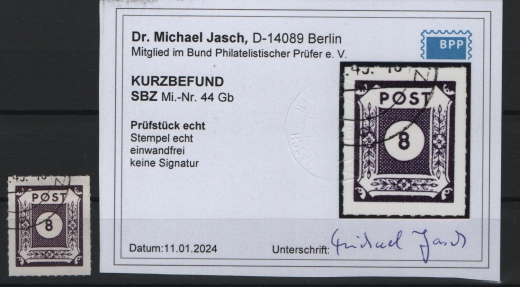 SBZ, Ost- Sachsen, 1945, Mi.- Nr.: 44 Gb, gestempelt, aktueller K.- Befund Dr. Jasch BPP: echt und einwandfrei Selten!