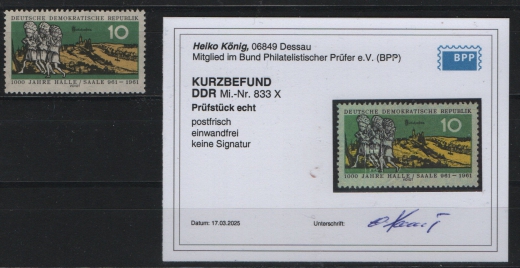 DDR, 1961, Mi.- Nr.: 833 X, postfrisch / **, K.- Befund König BPP: echt und einwandfrei! Luxusstück! R!
