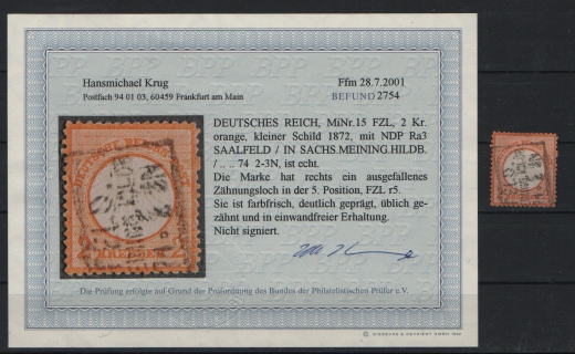 Dt. Kaiserreich, Brustschilder, 1872, Mi.- Nr.: 15 FZL, gestempelt, Befund Krug BPP! Selten!