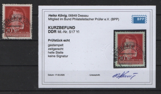 DDR, 1956, Mi.- Nr.: 517 YI, gestempelt, aktueller K.- Befund König BPP: echt + ...! Gutes Bedarfsstück! Sehr selten!