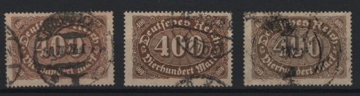 DR, Infla, 1922, Mi.- Nr.: 222 b, c, + d, gestempelt, geprüft Infla / Dr. Oechsner BPP / Zenker! Sehr selten!