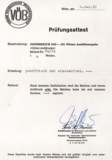 Österreich 1945, Mi.- Nrn.: Va- Vd, **, Attest Sturzeis VÖB: echt und einwandfrei! Selten!
