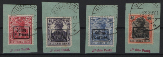 Dt. Bes. I. WK., 1918, M.V.i.R. / 9. Armee, Mi.- Nr.: 1-4, je auf auf kl. Briefstück! Selten!