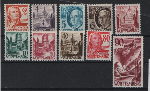 FRZ - Württemberg- Hohenzollern, 1948 / 49, Mi.- Nrn.: 28- 37, **, Kabinettsatz! Selten!
