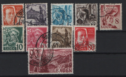 FRZ, Baden, 1948 / 49, Mi.- Nrn.: 28- 37, gestempelt, Kabinettsatz! Selten!