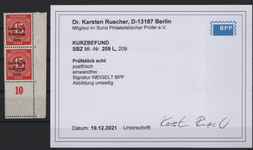SBZ, Allgemeine Ausgaben, 1948, Mi.- Nr.: 209 L, **, Kurzbefund Dr. Ruscher BPP, echt und einwandfrei! Luxusstück!
