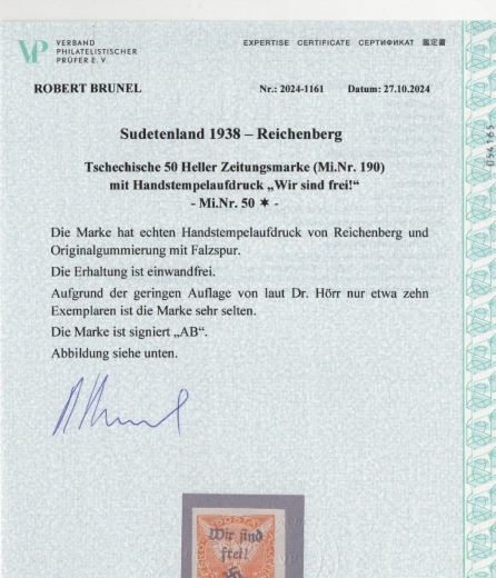 III. Reich / Dt. Bes. Sudetenland, 1938, Mi.- Nr.: 50, *! Fotoattest Brunel VPeV, : e+e! Sehr selten!