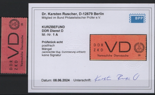 DDR, 1965, ZKD D, Mi.- Nr.: 1 A, **, aktueller K.- Befund Dr. Ruscher BPP: echt+ ...