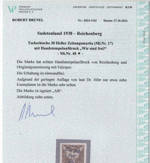 III. Reich / Dt. Bes. Sudetenland, 1938, Mi.- Nr.: 48, *! Fotoattest Brunel VPeV, : e+e! Sehr selten!