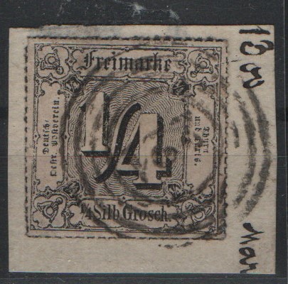 T. + T., ca. 1866, Mi.- Nr.: 45, auf Briefstück, tiefgeprüft Pfenninger, Luxusstück, sehr selten!