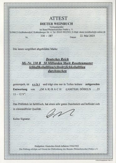 DR, Infla, 1923, Mi.- Nr.: 330 BP, gestempelt, Luxusstück, akt. Attest Weinbuch BPP: echt und einwandfrei! Sehr selten!