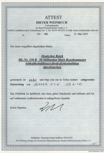 DR, Infla, 1923, Mi.- Nr.: 330 BP, gestempelt, akt. Attest Weinbuch BPP: echt und ...! Bedarfsstück! Sehr selten!