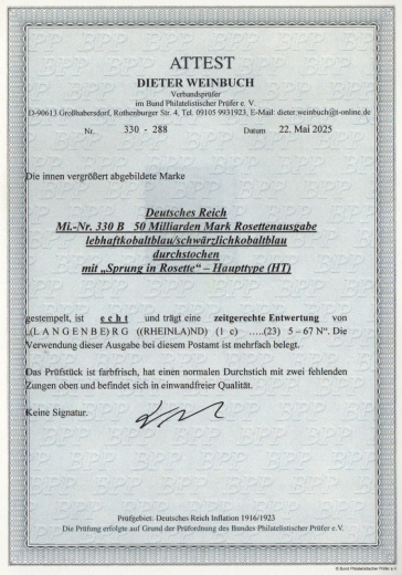 DR, Infla, 1923, Mi.- Nr.: 330 BP (HT), gestempelt, akt. Attest Weinbuch BPP: echt und ..., e.! Bedarfsstück! Sehr selten!