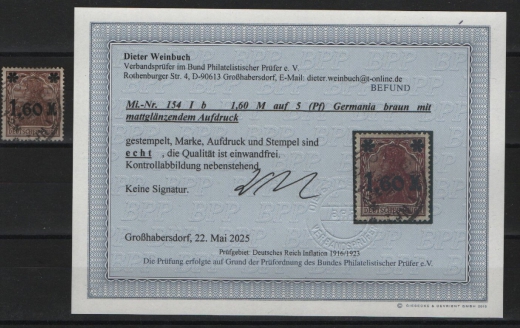 DR, Infla, 1921, Mi.- Nr.: 154 I b, gestempelt, akt. Befund Weinbuch BPP: echt + einwandfrei! Luxusstück, selten!
