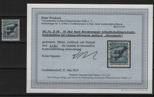 DR, Infla, 1923, Mi.- Nr.: D 88, gestempelt, akt. Befund Weinbuch BPP: echt + einwandfrei! Luxusstück, selten!