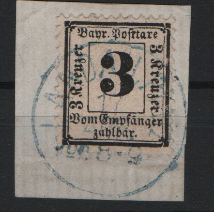 Bayern, ca. 1870, Mi.- Nr.: Portomarke Nr. 3X, auf Briefstück, tiefstgeprüft Pfenninger! Seltenes Luxusstück!