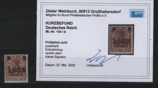 DR, Infla, 1921, Mi.- Nr.: 154 I b, **, akt. Befund Weinbuch BPP: echt + ...! Kabinettstück, selten!