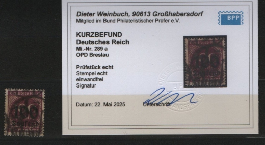 DR, Infla, 1923, Mi.- Nr.: 289 a, gestempelt, akt. K- Befund Weinbuch BPP: e+ e! Luxusstück!