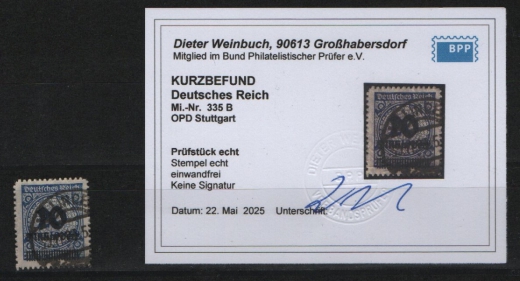 DR, Infla, 1923, Mi.- Nr.: 335 B, gestempelt, akt. K- Befund Weinbuch BPP: e+ e! Luxusstück!!