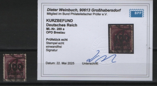 DR, Infla, 1923, Mi.- Nr.: 289 a, gestempelt, akt. K- Befund Weinbuch BPP: e+ e! Luxusstück!