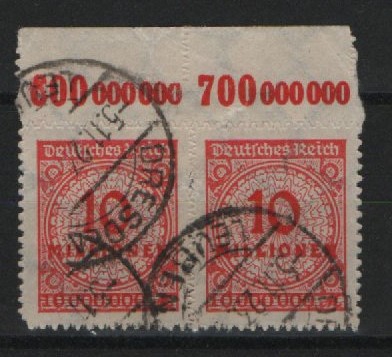 DR, Infla, 1923, Mi.- Nr.: 318 B OR (Pl. A) (2x), gestempelt, akt. Fotoattest Weinbuch BPP: e + ..., gutes Bedarfsstück, sehr selten!