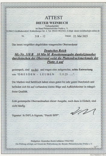 DR, Infla, 1923, Mi.- Nr.: 318 B OR (Pl. A) (2x), gestempelt, akt. Fotoattest Weinbuch BPP: e + ..., gutes Bedarfsstück, sehr selten!