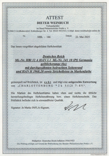 DR, Infla, 1921, Mi.- Nr.: HBl. 32 HAN 1.1 / Mi.- Nr.: 141, gestempelt, akt. Fotoattest Weinbuch BPP: echt + einwandfrei