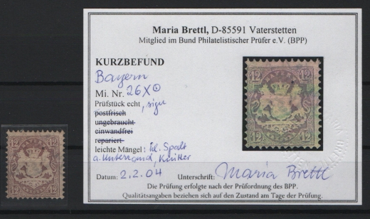 Bayern, ca. 1872, Mi.- Nr.: 26 X, gestempelt, K.- Befund Brettl BPP! Seltenes Bedarfsstück!