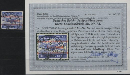 III. Reich, Feldpost / Inselfeldpost, 1944, Mi.- Nr.: 7 A, gestempelt, akt. Befund Petry BPP: echt + einwandfrei! Luxusstück!
