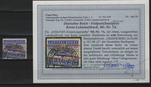 III. Reich, Feldpost / Inselfeldpost, 1944, Mi.- Nr.: 7 A, gestempelt, akt. Befund Petry BPP: echt + ...! Gutes Bedarfsstück!!