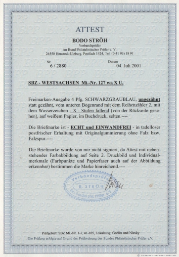 SBZ, West- Sachsen, 1945, Mi.- Nr.: 127 X wa U (mit Ur), **, Fotoattest Ströh BPP! Luxusstück! RR!