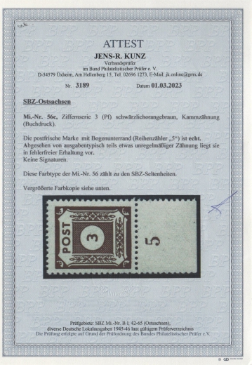 Ostsachsen, 1945, Mi.- Nr.: 56 c, mit Ur, **, akt. Fotoattest Kunz BPP: echt und ..., fehlerfrei! Sehr selten!