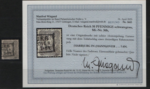 DR, Pfennige, 1875 / 79, Mi.- Nr.: 36 b, gestempelt,  Befund Wiegand BPP;  echt und einwandfrei! Luxusstück! RR!