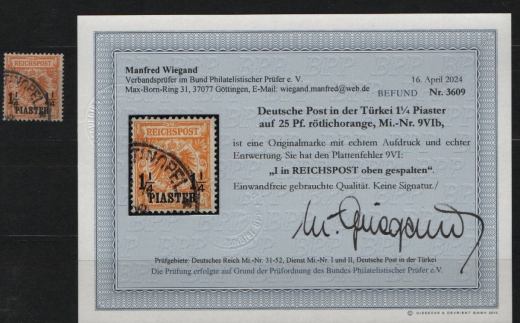 DAP Türkei, 1889 / 90, Mi.- Nr.: 9 b, mit Plf.: VI, gestempelt, akt. Befund Wiegand BPP: e+e! Luxusstück! Sehr selten!
