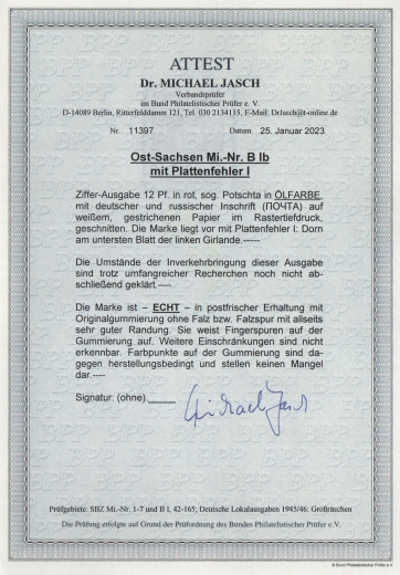 Ost- Sachsen, 1945, Mi.- Nr.: BI b+ Plf I, sogenannte Potschta, **, akt. Fotoattest Dr. Jasch BPP: echt + ....! Kabinettstück!